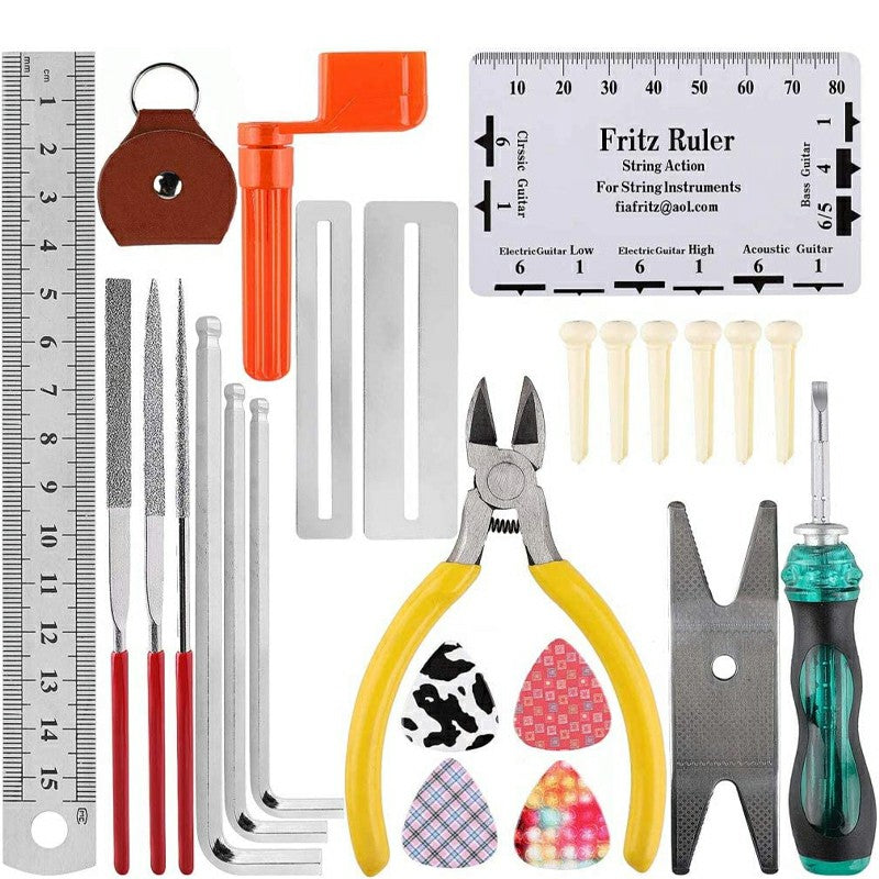 26 pcs Guitar Repairing Tool Kit of Guitar Winder Wire Plier String Organizer Fingerboard Protector String Ruler