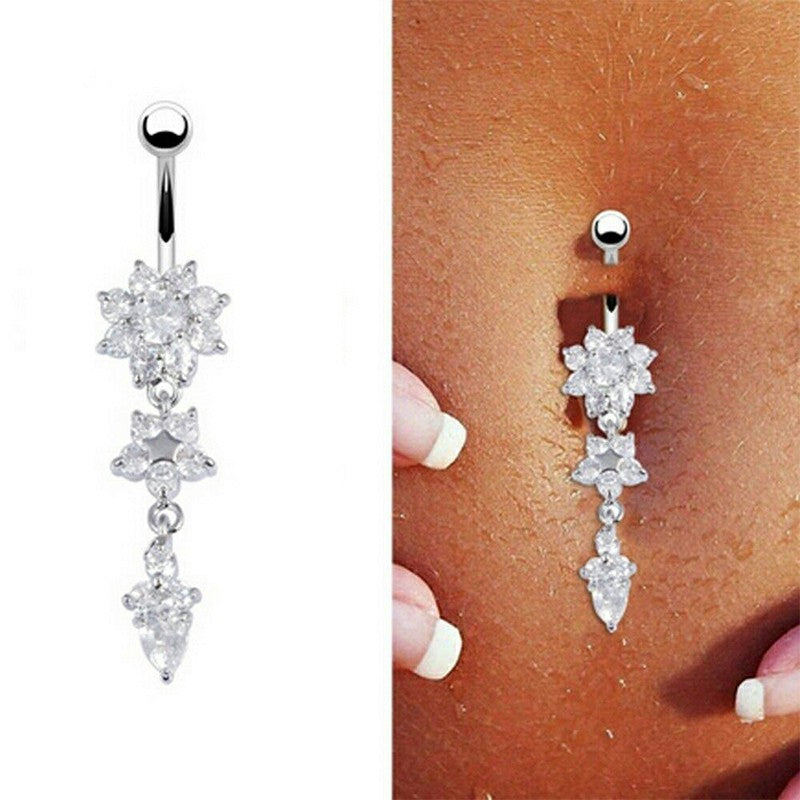 Belly Bars Navel Crystal Drop Button Ring Body Piercing Jewellery - Silver