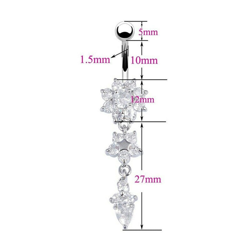 Belly Bars Navel Crystal Drop Button Ring Body Piercing Jewellery - Silver