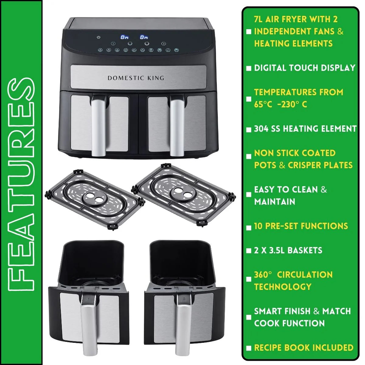 Domestic King 7L Digital Dual Basket 2400W Air Fryer With Recipe Book- DK18094