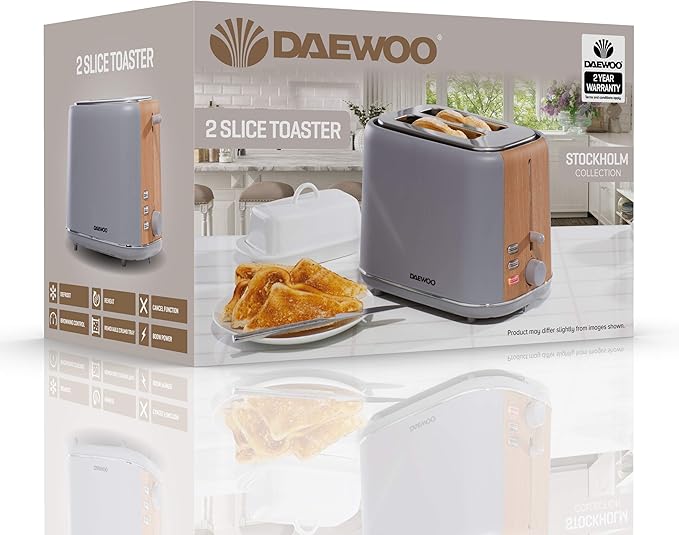 Daewoo Stockholm 2 Slice Toaster with Wood Effect - Grey
