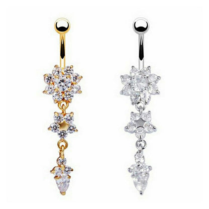 Belly Bars Navel Crystal Drop Button Ring Body Piercing Jewellery - Silver