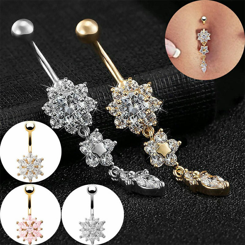 Belly Bars Navel Crystal Drop Button Ring Body Piercing Jewellery - Silver