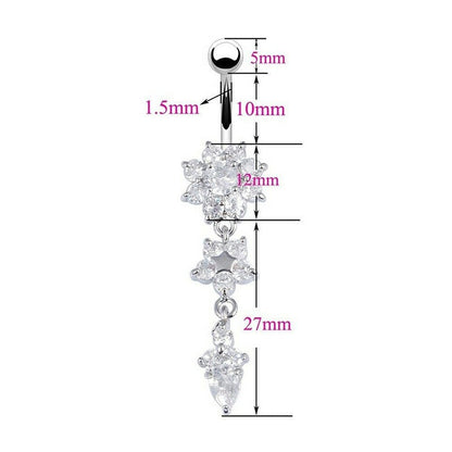 Belly Bars Navel Crystal Drop Button Ring Body Piercing Jewellery - Silver