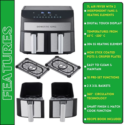 Domestic King 7L Digital Dual Basket 2400W Air Fryer With Recipe Book- DK18094