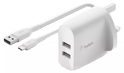 Belkin 24W Dual USB-A Wall Charger & USB-A to USB-C Cable