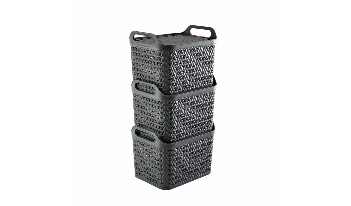 Strata Urban 3 x 14L Plastic Storage Baskets with Lid-Grey