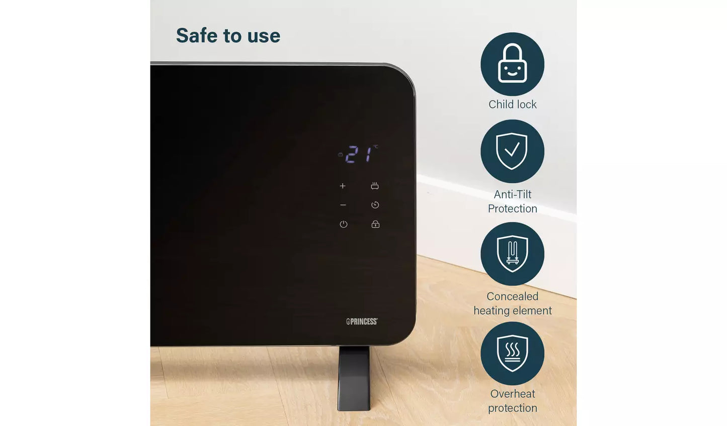 Princess 2kW Smart Glass Panel Heater - Black