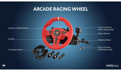 Maxx Tech Arcade Racing Wheel Kit For Switch 2, PS, Xbox, PC