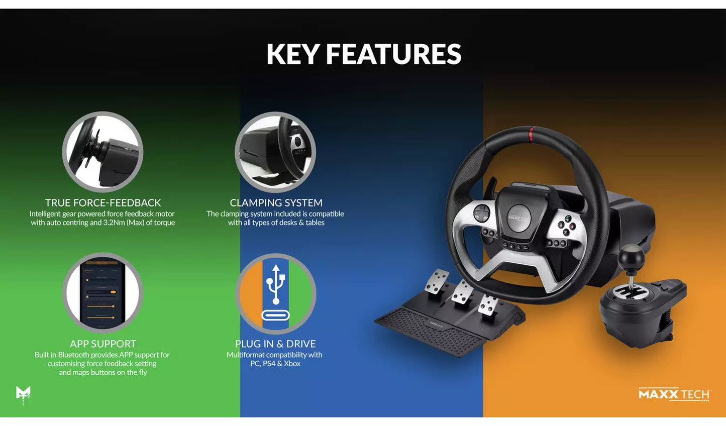 Maxx Tech Pro Force Feedback Racing Wheel Kit PC, Xbox & PS4