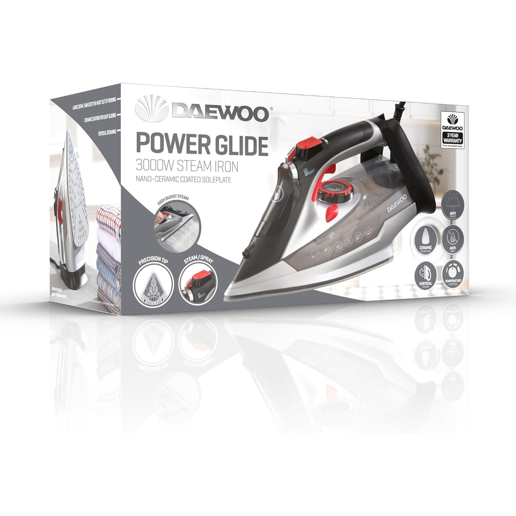 Daewoo Power Glide Iron, 3000W Steam Iron With Ceramic Soleplate, High Burst Steam And Precision Tip
